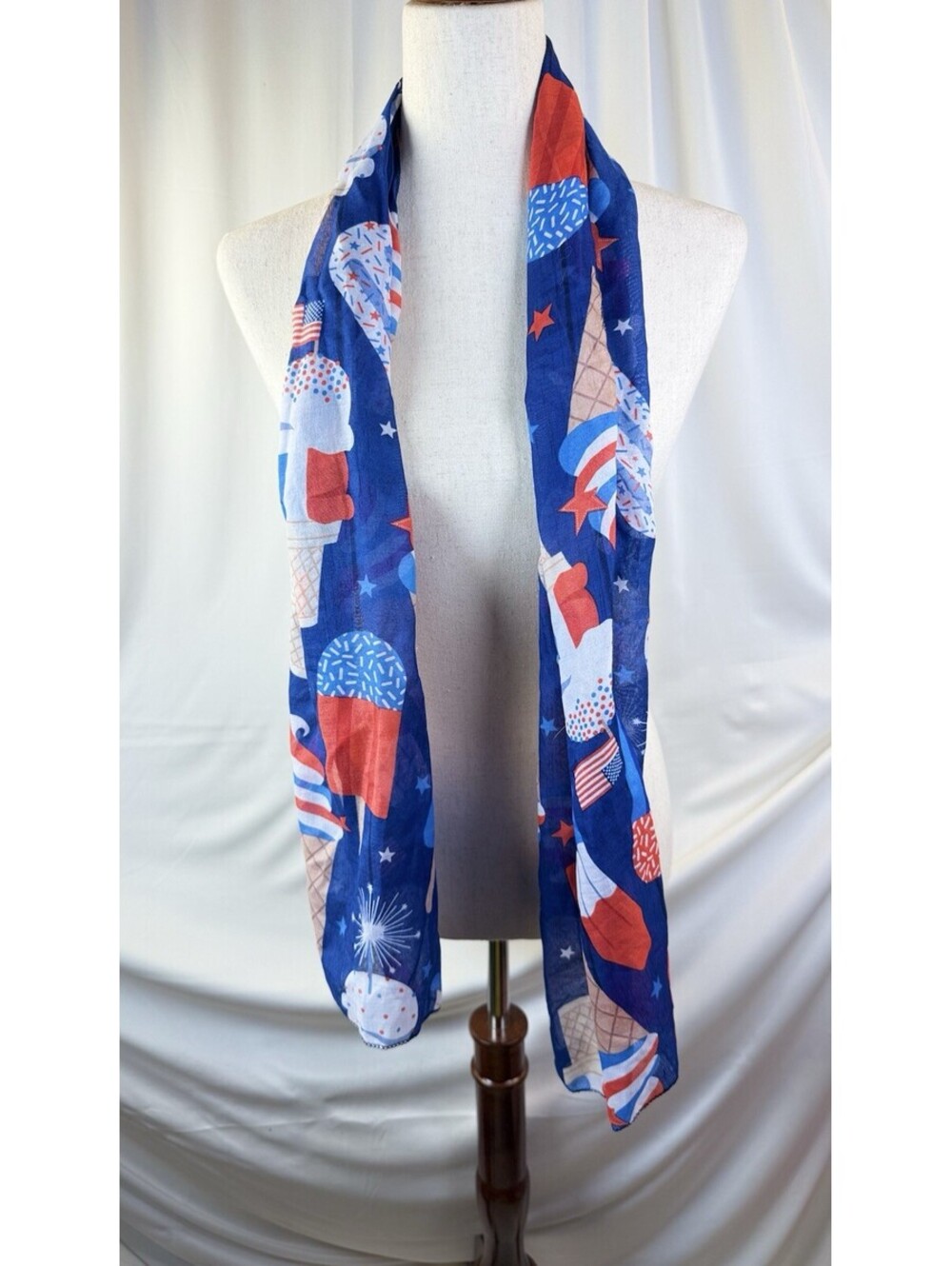 Unisex Scarf Red White Blue 4th Of July Ice Cream Fireworks Motif 12" x 62"